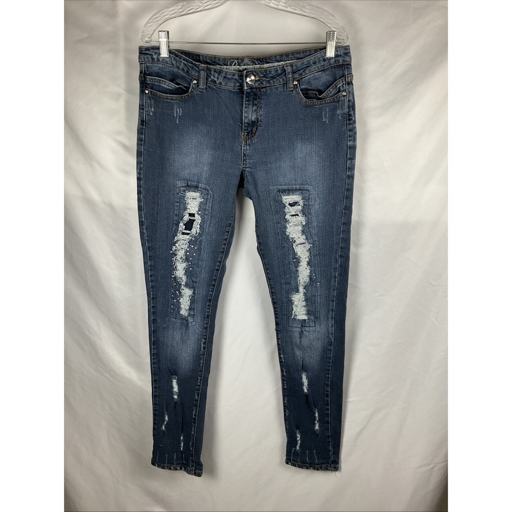 Premiere Denim Junior's 13/14 Distressed Patched Rhinestone Stretch Denim Jeans